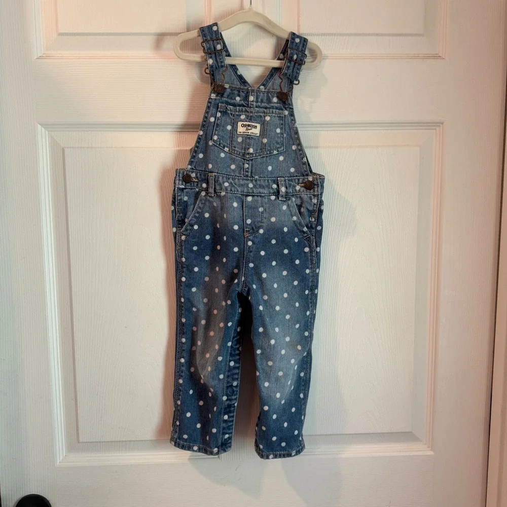 OshKosh B'gosh Overalls Kids 24M Blue White Polka Dot Denim Adjustable Straps